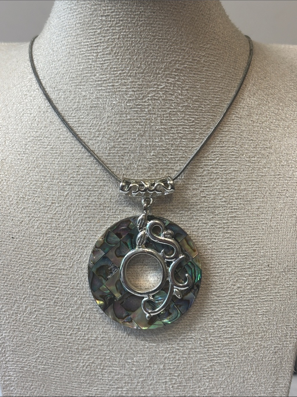 2” Abalone disc Silver Tone Pendant with 18” Chain